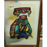 20th century, caricature cartoon portrait of a man with moustache in Mexican style clothing, Gouache