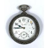 A 19th century French large pocket watch, open faced and keyless, the white metal case decorated