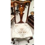 An Edwardian mahogany side chair with floral inlay; a 2 division magazine rack and 2 bedroom chairs;