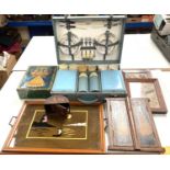 A Bakelite cigarette box; a painted Indian pair of miniature doors, Japanese tray and a picnic set