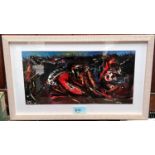 David Wilde - Northern Artist - abstract oil painting "Over the Top" framed and glazed, 15 x 31cm