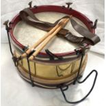 A 20th century marching drum in brass, steel and painted wood, diameter 37cm; a Boys Brigade belt
