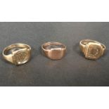 Two yellow metal signet rings, monogrammed, stamped '9ct', size O; a 9 carat hallmarked gold