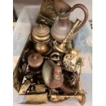 A selection of novelty brassware including charis, candlesticks, copper and brass jugs etc