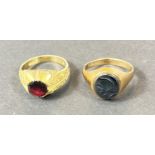 A gent's 9 carat gold dress ring set red stone; another 9 carat gold ring; various cufflinks,