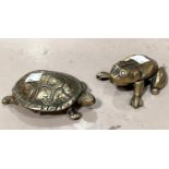 A Victorian brass stamp box in the form of a tortoise and one in the form of a frog