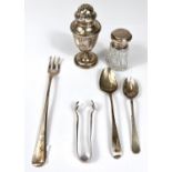 A hallmarked silver pepper pot, 2 teaspoons and 2 other items, various dates, 3oz; a small cut glass