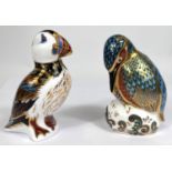 Two Royal Crown Derby paperweights with gold backstoppers, Puffin LIX, Kedleston Kingfisher 2005