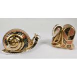 Royal Crown Derby Paperweights: 'Garden Snail' Limited edition 225 of 4500, Imari Snake MMI