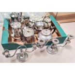 A selection of silver plate, including 2 x 3 branch candelabra.