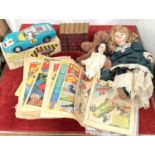 BYRONS WORKS, 4 V, 1829, 2 others, a battery operated Porsche Carrera - 6, 2 dolls, comics, stamp