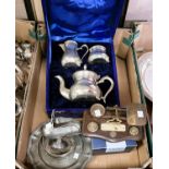 An EPNS 3 piece tea service, cased; a plated coaster;  pewter dish; a sugar scuttle; scales; etc.