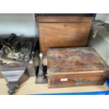 A rosewood lap desk with brass inlay (a.f.); another two boxes; a Vienna wall clock