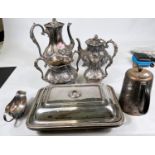 A Victorian baluster 4 piece EPBM tea set with extensive chased decoration and other silverplate;