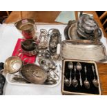 A selection of silver plated items, trays, teapots etc