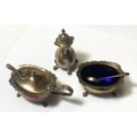 A CRUET SET, silver, 3 pieces with spoons (one matched), 4.5oz