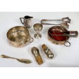 2 silver plated wine/bottle coasters with loop handles and a small selection of silver plate and