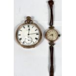 A 9ct gold cased early 20th century wrist watch on a leather strap and a gold plated Elgin pocket