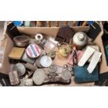 Two hallmarked silver lidded jars, miniature leather gloves, scales and other collectables
