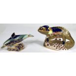 Two Royal Crown Derby paperweights with gold backstoppers, Chameleon MMIV, baby Bottle Nosed Dolphin