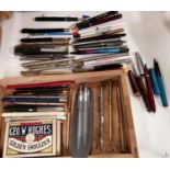 A selection of vintage pens, Hughes Golden Shoulder fountain pen nibs etc