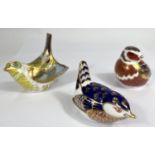 Three Royal Crown Derby paperweights with gold back stopper: Greenfinch MMVII, Chaffinch LIX, Wren