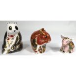 Three Royal Crown Derby paperweights all with gold back stoppers; Pickwick Piglet Sinclairs, Panda