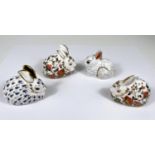 Royal Crown Derby Paperweights: 4 rabbits with gold stoppers, Meadow Rabbit x 2, Collectors Guild