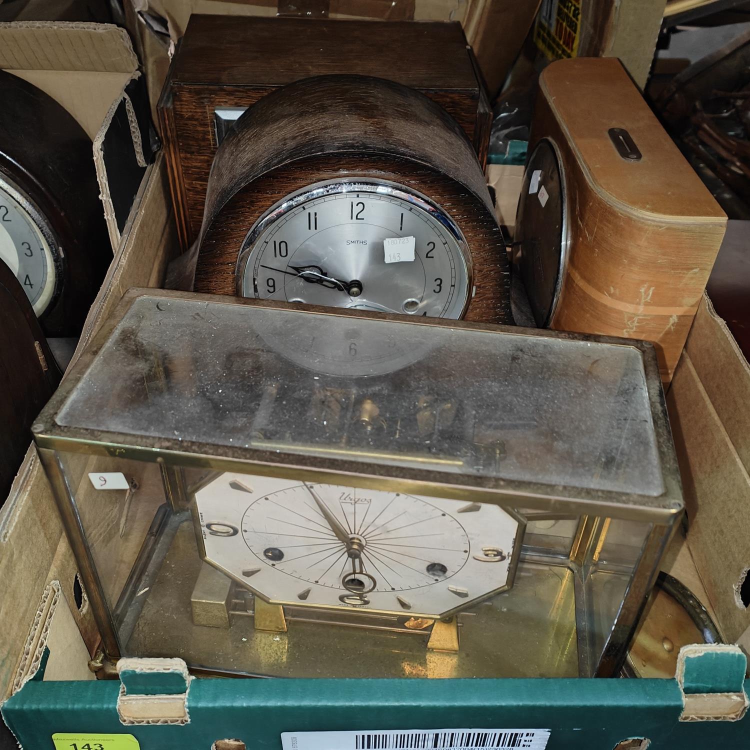 A 1950's 'Savings' clock in inlaid walnut case with coin slot; 2 Art Deco chiming mantel clocks; a