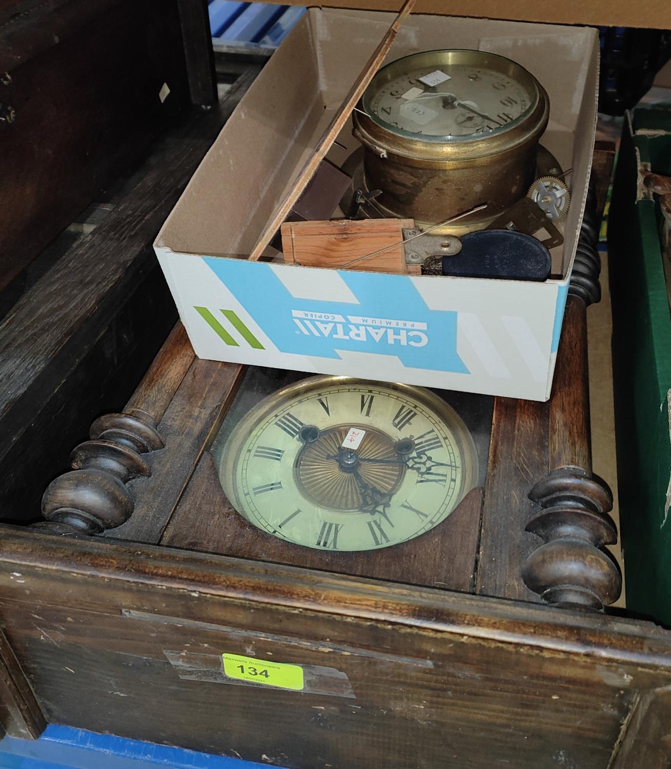 A 19th century Vienna wall clock with spring driven striking movement (no pediment); a brass cased - Image 2 of 2