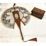 A novelty fan/hand mirror with pull up action, with inlaid swallow to one side, a similar ring box