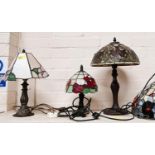 3 bronze Art Nouveau style table lamp with Tiffany style lead and coloured glass shades