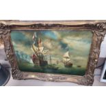 A large 20th century oil on canvas painting of Napoleonic ear sea battle of ship firing, large