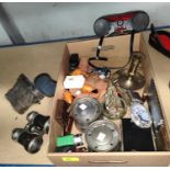 Two pairs of binoculars; pewter tankards; inkwells; metalware; bric-a-brac; cigarette cases;