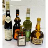 Five bottles of liqueurs including Cassis and Grand Marnier; half bottle of Cointreau; 24 fluid