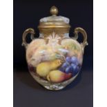 A Royal Worcester ovoid covered vase with 2 handles and reticulated rim, hand painted decoration