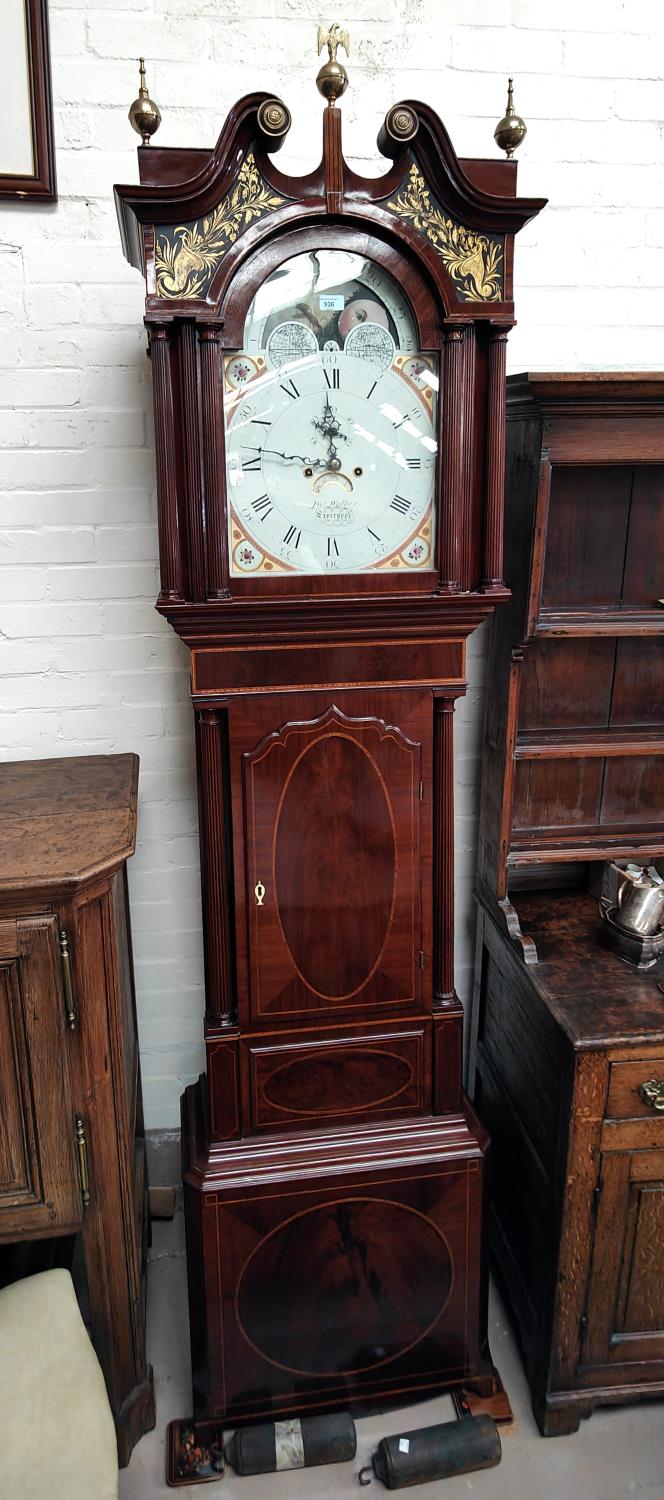 A late 18th century mahogany long case clock by Jno Walker, Liverpool with inlaid decoration, the