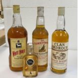 A litre bottle of White Horse Whisky; 2 other 70cl bottles of whisky and a miniature bottle