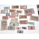 A selection of banknotes:WWII German and earlier German notes, other European notes etc