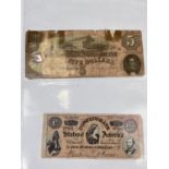 A Confederate states bank note 5 dollars and 100 dollars Civil War bubble gum card note