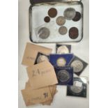 A selection of GB crowns, stamps; 1964 half dollar, etc