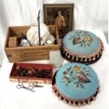 A pair of Victorian beadwork footstools (1 a.f.), 3 early match strikes and other collectables