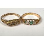 An 18ct hallmarked gypsy style dress ring set 2 emeralds and 2 diamonds - 3rd emerald missing - size