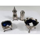 Four hallmarked silver cruet pieces: 2 salts and 2 pepper pots, various dates and assay offices, 3.