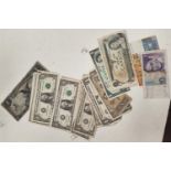 A selection of USA banknotes $23 total including an 1899 silver certificate, Canadian, Swiss and