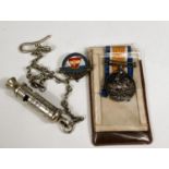 A WWI medal awarded to 'Rev. C. Davie', a 1914 Special Constable's police whistle