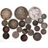A selection of GB/foreign silver coins:  a 1922 silver dollar (worn); a 1935 Silver Jubilee crown;