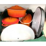 A Laffuer cast metal casserole lidded pot and graduating Le Creuset lidded oven pots etc