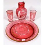 Four pieces of Mary Gregory cranberry glassware