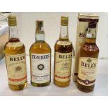 Three 70cl bottles of Bells Whiskey and a bottle of Teachers